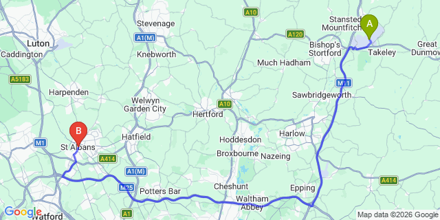 Map: London Stansted Airport (STN) to St.Albans