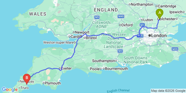 Map: London Stansted Airport (STN) to St Austell