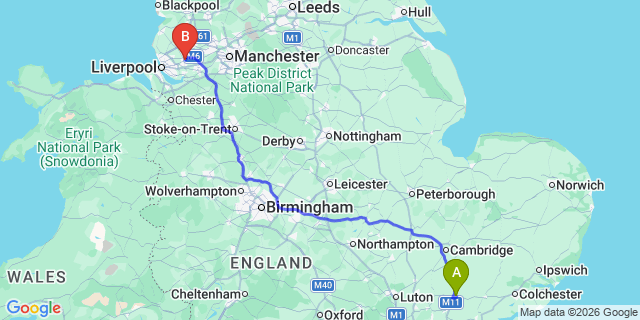 Map: London Stansted Airport (STN) to St Helens