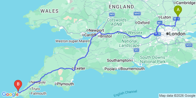 Map: London Stansted Airport (STN) to St Ives