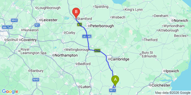Map: London Stansted Airport (STN) to Stamford