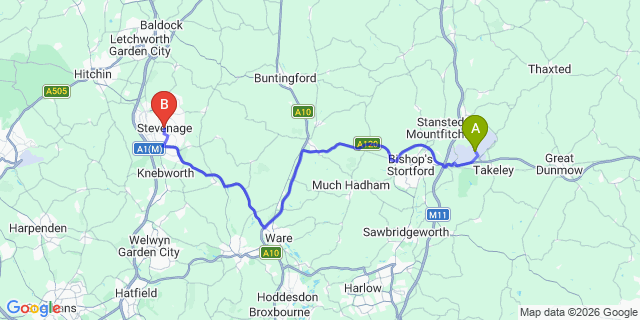 Map: London Stansted Airport (STN) to Stevenage