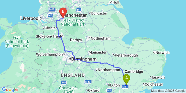 Map: London Stansted Airport (STN) to Stockport