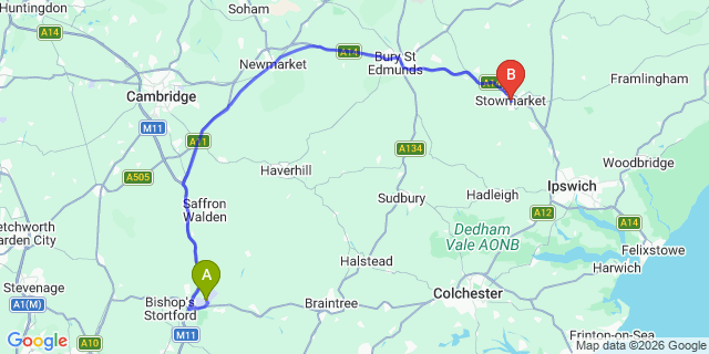 Map: London Stansted Airport (STN) to Stowmarket