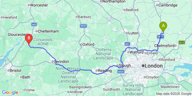 Map: London Stansted Airport (STN) to Stroud