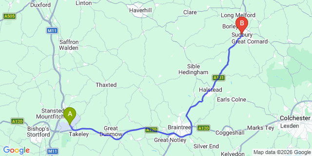 Map: London Stansted Airport (STN) to Sudbury