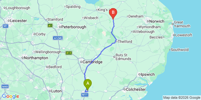 Map: London Stansted Airport (STN) to Swaffham