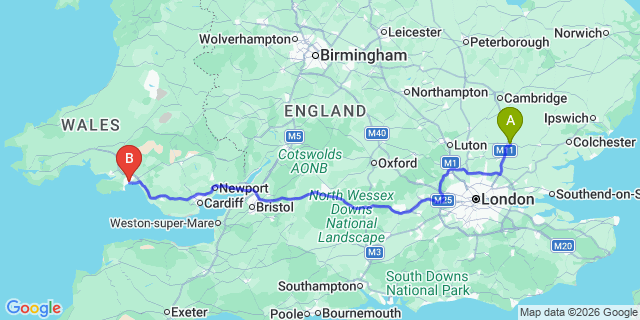 Map: London Stansted Airport (STN) to Swansea