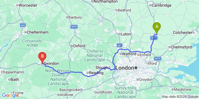 Map: London Stansted Airport (STN) to Swindon