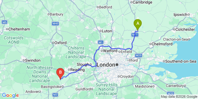 Map: London Stansted Airport (STN) to Tadley