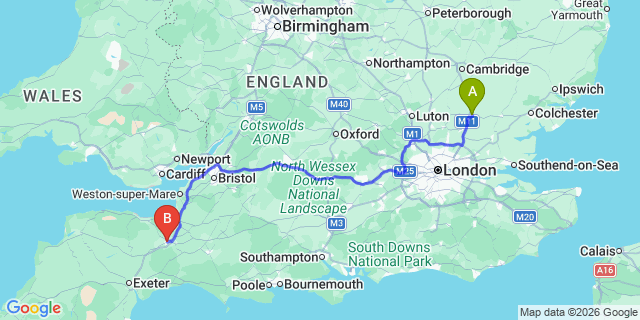 Map: London Stansted Airport (STN) to Taunton
