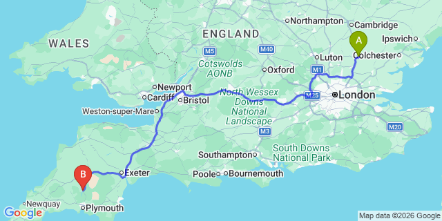 Map: London Stansted Airport (STN) to Tavistock