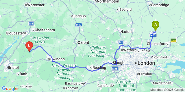 Map: London Stansted Airport (STN) to Tetbury