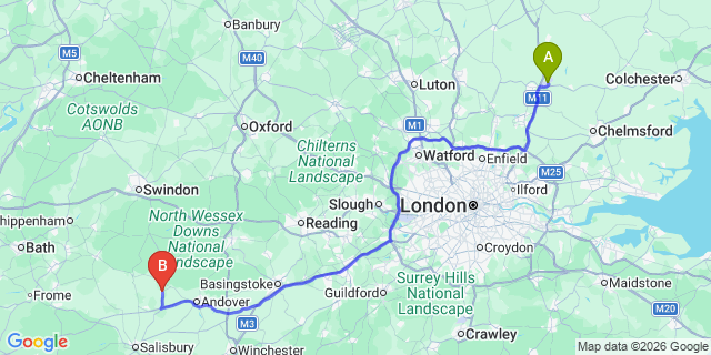 Map: London Stansted Airport (STN) to Tidworth