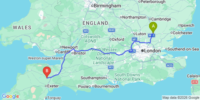 Map: London Stansted Airport (STN) to Tiverton