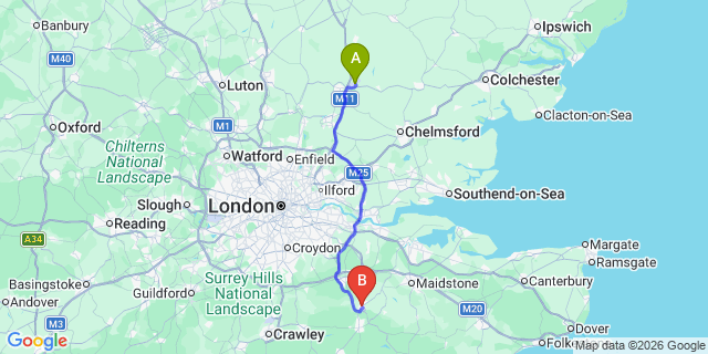 Map: London Stansted Airport (STN) to Tonbridge