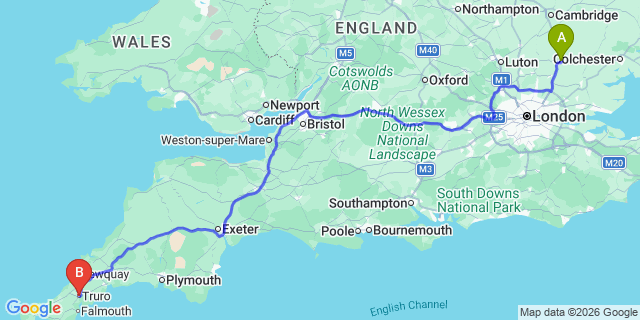 Map: London Stansted Airport (STN) to Truro