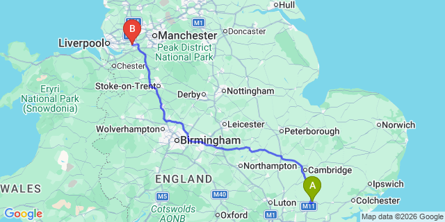 Map: London Stansted Airport (STN) to Warrington