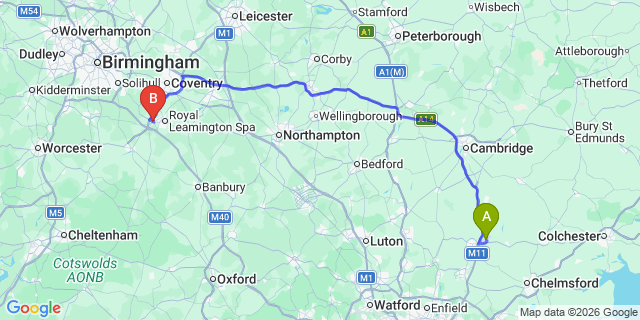 Map: London Stansted Airport (STN) to Warwick