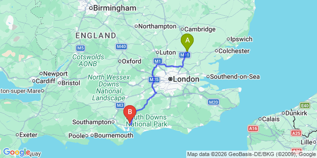 Map: London Stansted Airport (STN) to Waterlooville