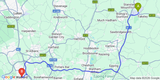 Map: London Stansted Airport (STN) to Watford