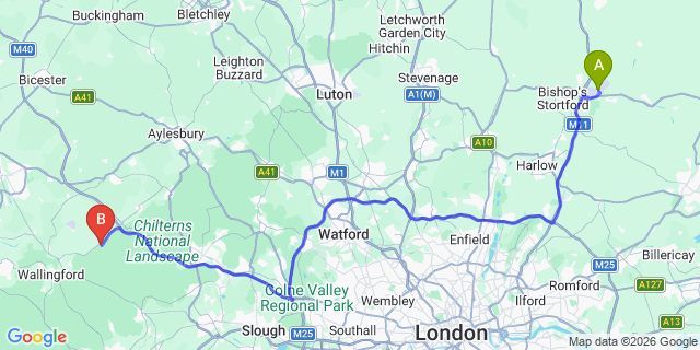 Map: London Stansted Airport (STN) to Watlington