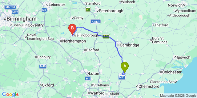 Map: London Stansted Airport (STN) to Wellingborough