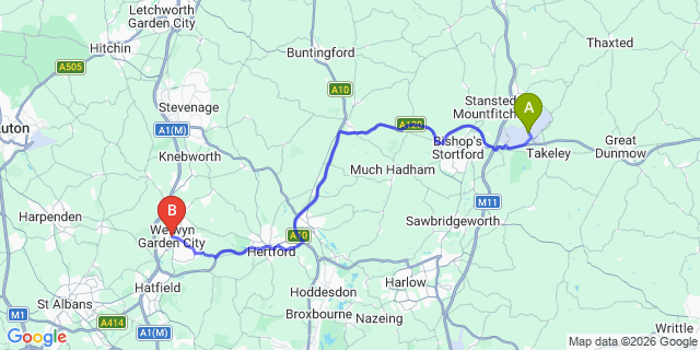 Map: London Stansted Airport (STN) to Welwyn Garden City
