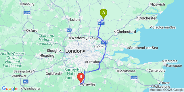Map: London Stansted Airport (STN) to West Green