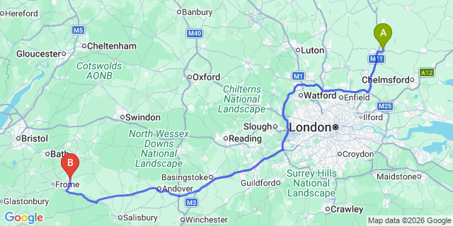 Map: London Stansted Airport (STN) to Westbury