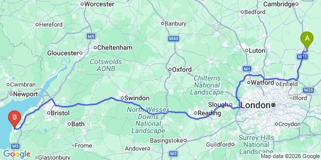 Map: London Stansted Airport (STN) to Weston-Super-Mare