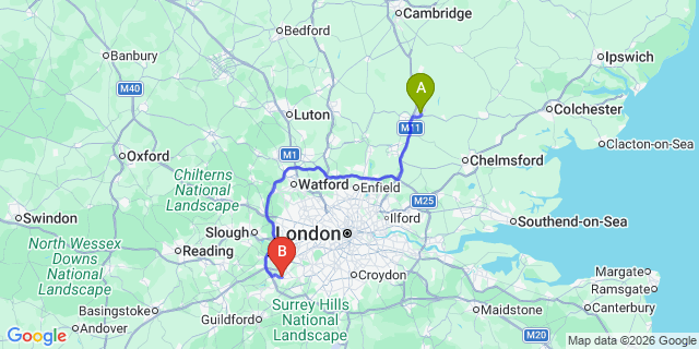 Map: London Stansted Airport (STN) to Weybridge