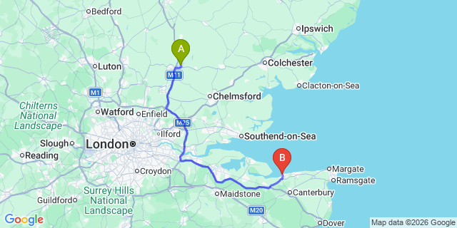 Map: London Stansted Airport (STN) to Whitstable