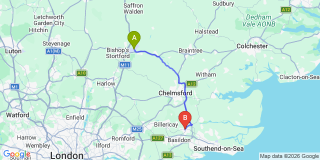 Map: London Stansted Airport (STN) to Wickford