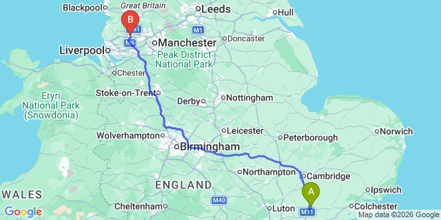 Map: London Stansted Airport (STN) to Wigan