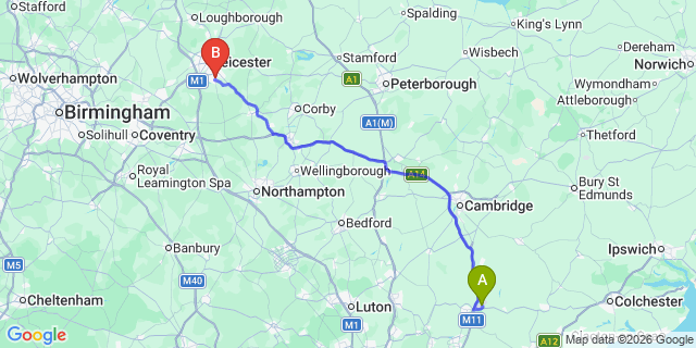 Map: London Stansted Airport (STN) to Wigston