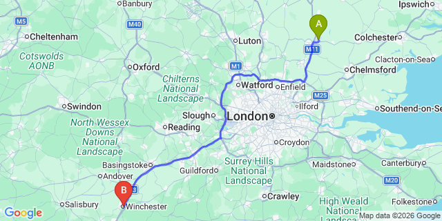 Map: London Stansted Airport (STN) to Winchester
