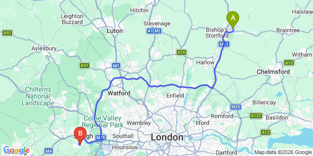 Map: London Stansted Airport (STN) to Windsor