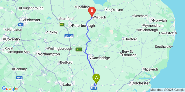 Map: London Stansted Airport (STN) to Wisbech