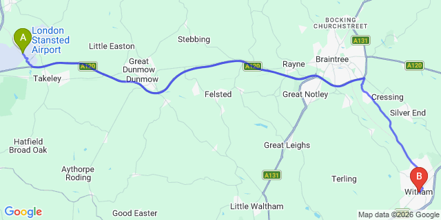 Map: London Stansted Airport (STN) to Witham