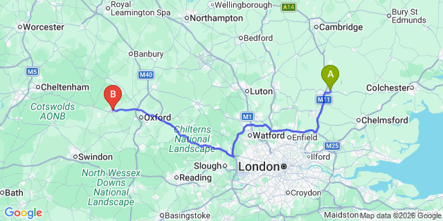 Map: London Stansted Airport (STN) to Witney
