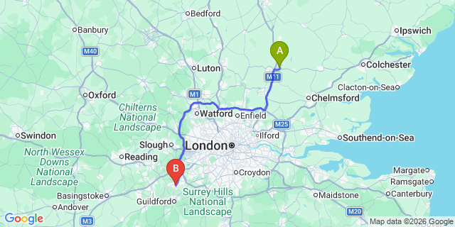 Map: London Stansted Airport (STN) to Woking