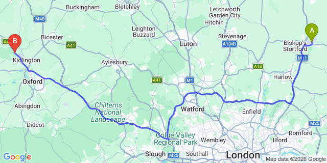 Map: London Stansted Airport (STN) to Woodstock