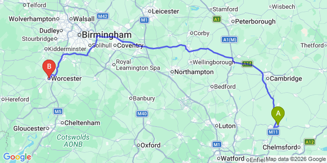 Map: London Stansted Airport (STN) to Worcester