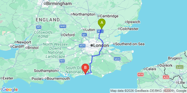 Map: London Stansted Airport (STN) to Worthing