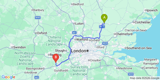 Map: London Stansted Airport (STN) to Yateley