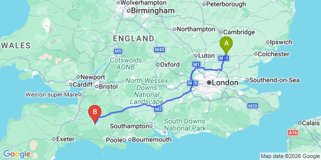 Map: London Stansted Airport (STN) to Yeovil