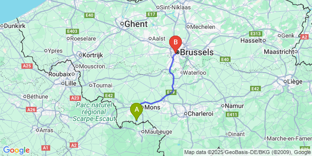 Map: Brussels Midi Train Station to Blaregnies