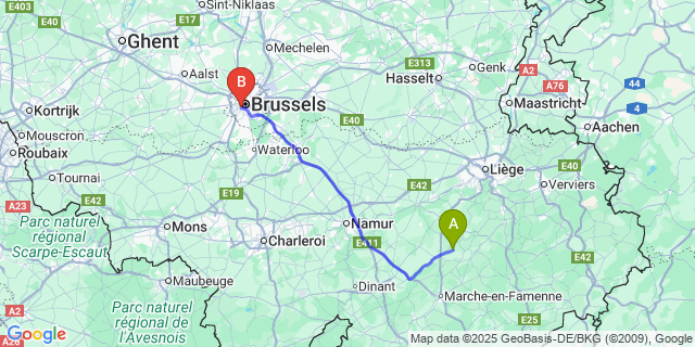 Map: Brussels Midi Train Station to Borlon