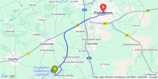 Map: Paderborn Lippstadt Airport (PAD) to Paderborn